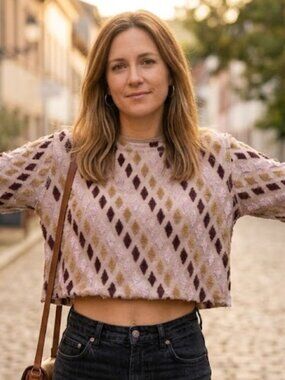 Free People Textured Tufted Diamond Cropped Knit Sweater Top Small Boho